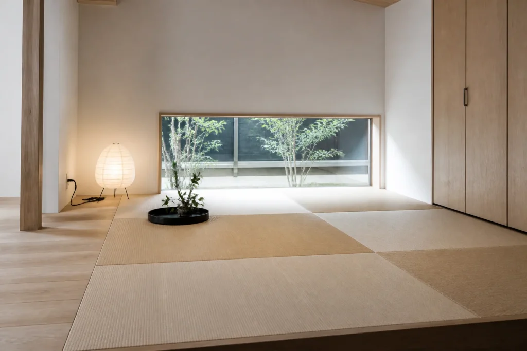 淡い木と白い壁の部屋に正方形の縁なし畳を敷いた現代的な和室