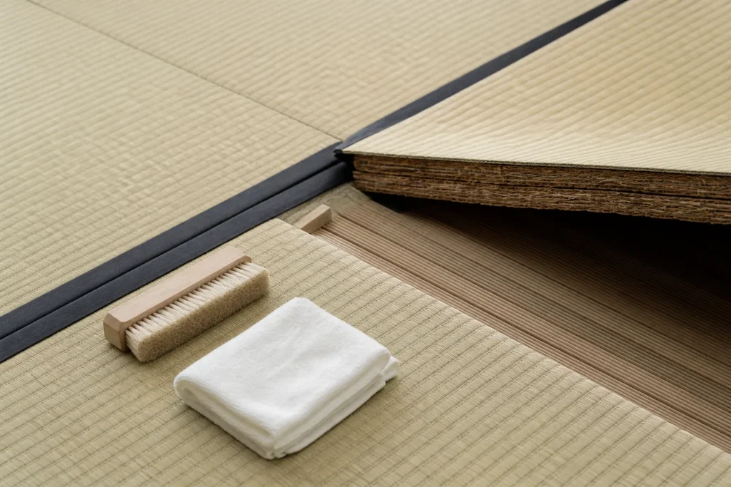 畳表と芯材の層が見える畳の端部と乾拭き用の布とブラシ