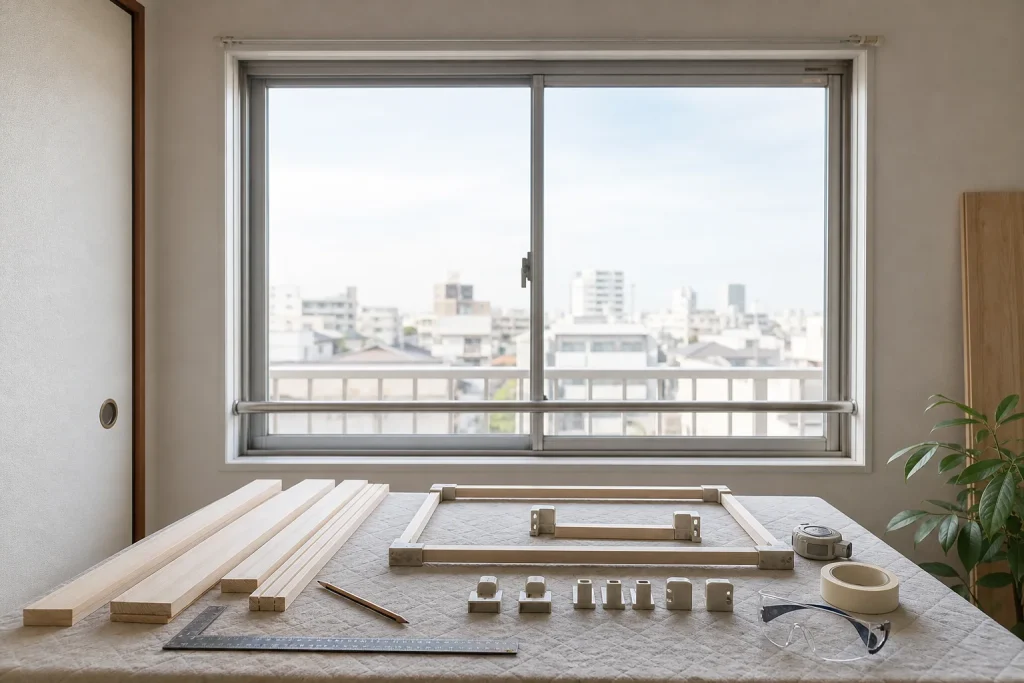 既存アルミサッシを傷つけず、木材、保護材、測定道具を準備した窓辺の作業台