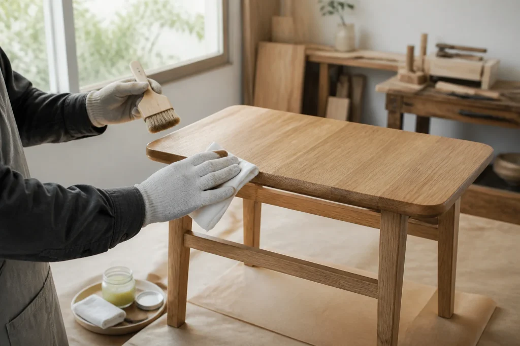 養生した明るい作業場で、手袋を着けて無垢材の小さなテーブルへワックスを薄く塗る様子
