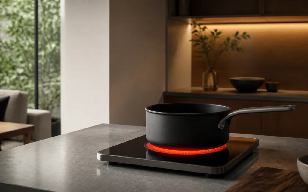 赤く発熱するラジエント式の電気ヒーター上で黒い鍋を温める現代的なキッチン
