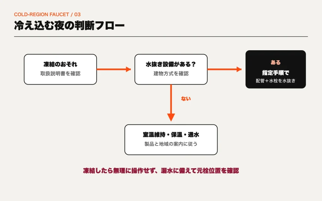 水抜き設備の有無を確認し、指定手順による水抜きまたは室温維持・保温・通水を選ぶ凍結対策の図
