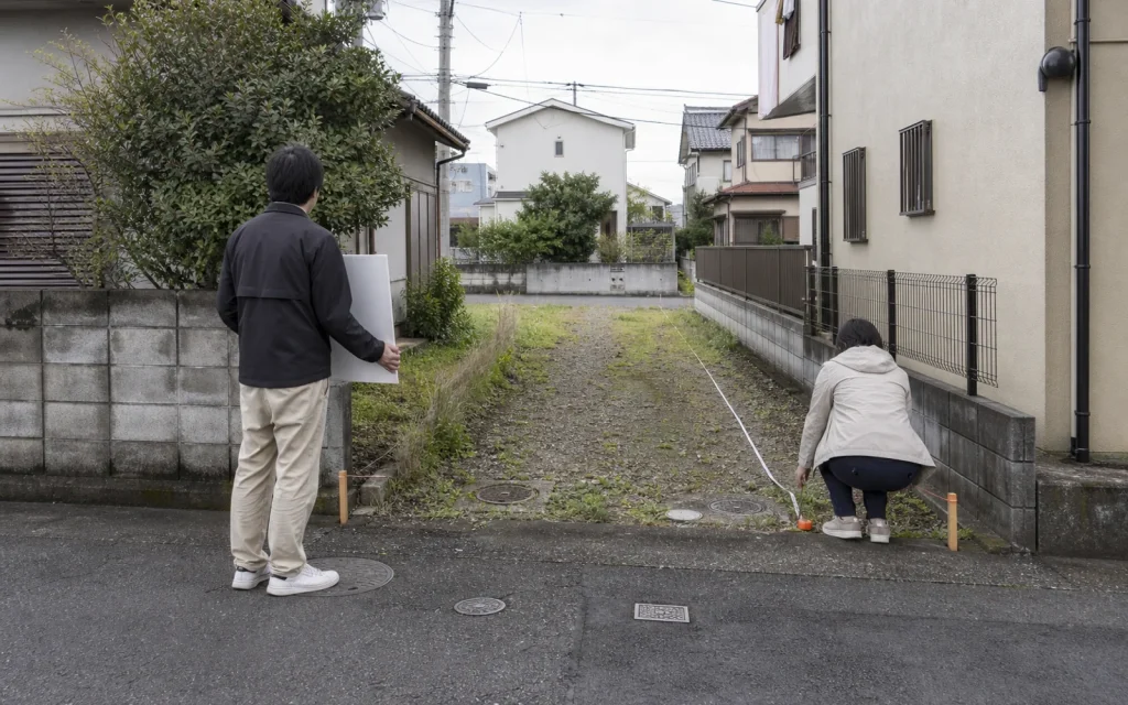 旗竿地の細長い通路で境界と幅員を測る建築士と購入検討者