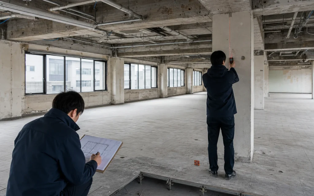 空きオフィスで柱と設備経路をレーザー測定する建築士と設備技術者